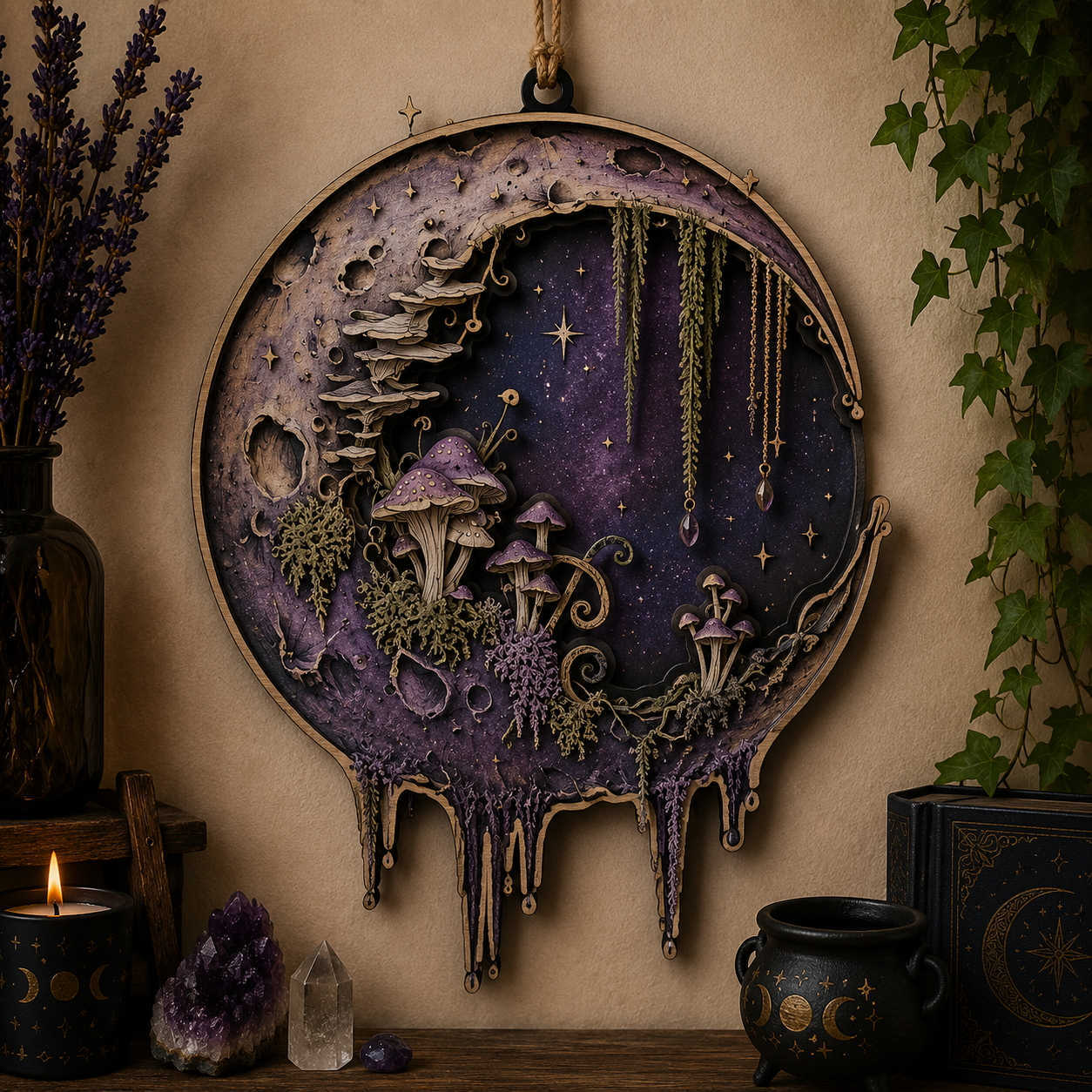 Enchanted Moon Mushroom Layered Wooden Sign Gothic Witch Wall Decor Cottagecore Pagan Celestial Home Gift