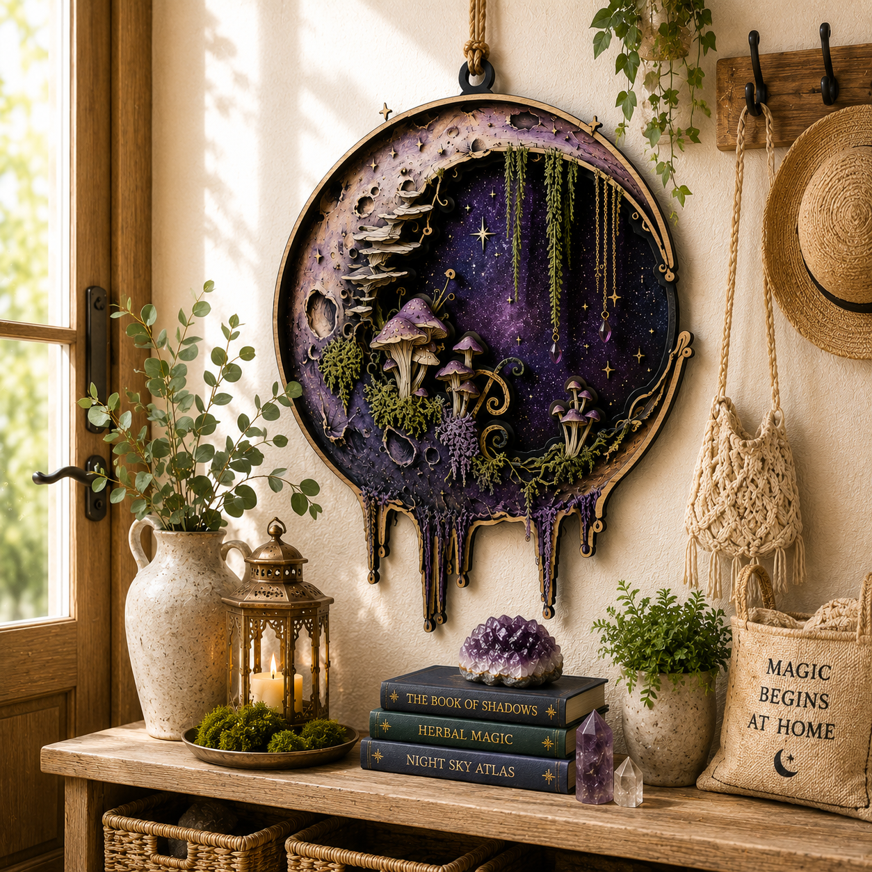 Enchanted Moon Mushroom Layered Wooden Sign Gothic Witch Wall Decor Cottagecore Pagan Celestial Home Gift