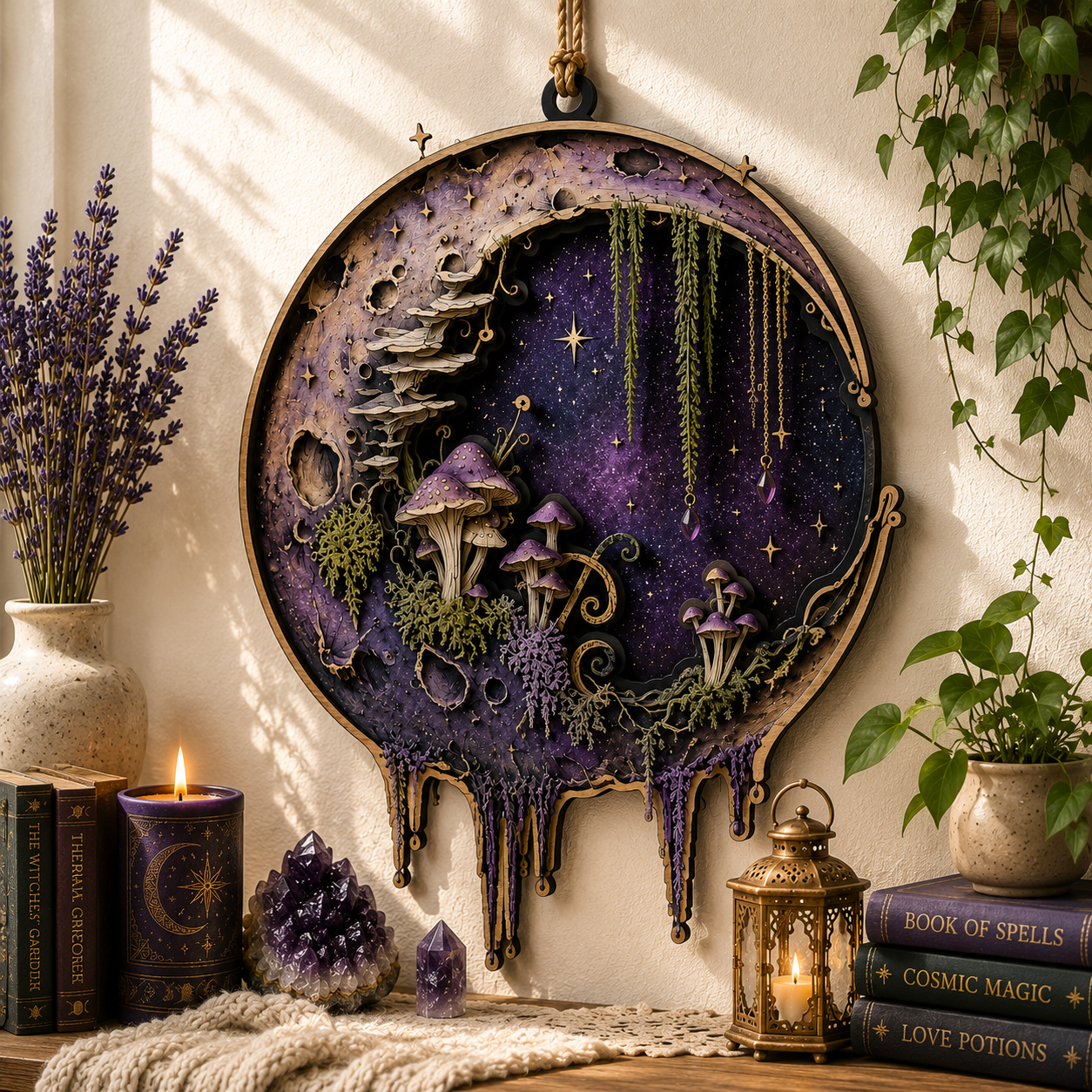 Enchanted Moon Mushroom Layered Wooden Sign Gothic Witch Wall Decor Cottagecore Pagan Celestial Home Gift