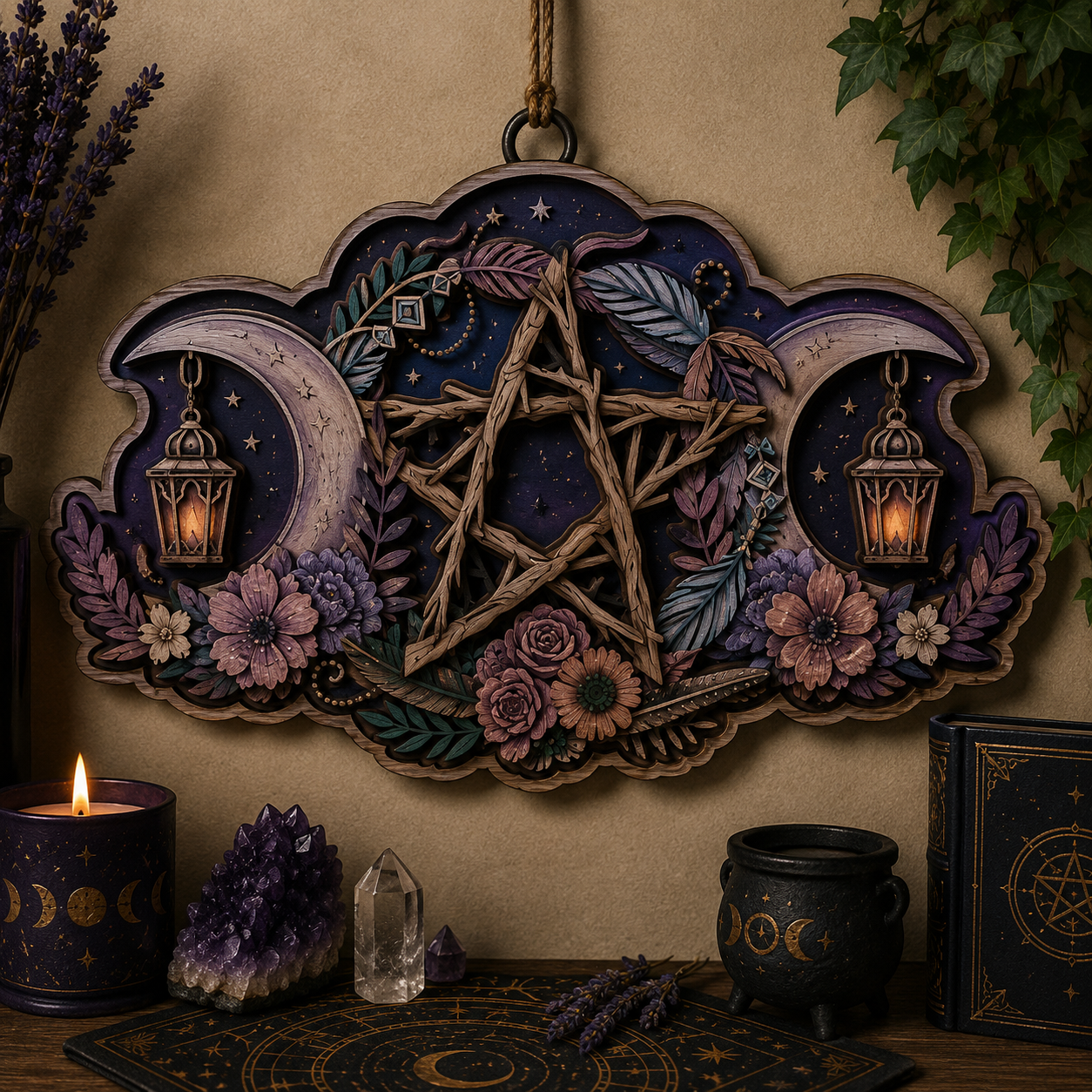 Rustic Pentacle Moon Layered Wooden Sign Witchcraft Pagan Wall Decor Wiccan Altar Gothic Home Gift