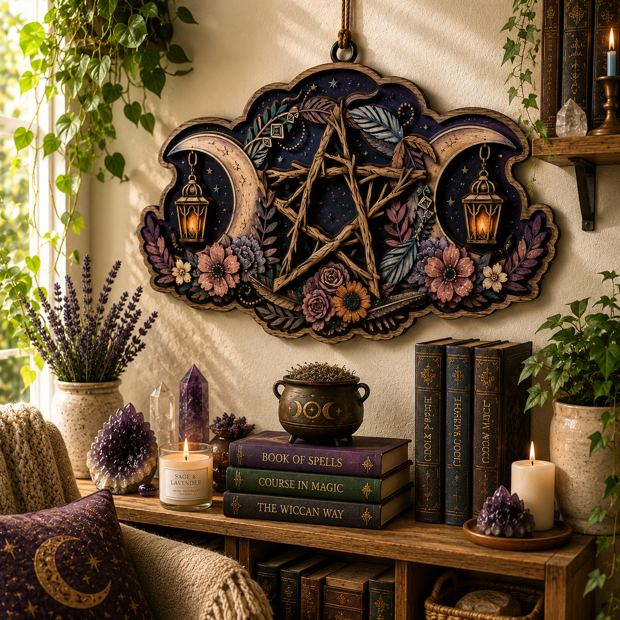 Rustic Pentacle Moon Layered Wooden Sign Witchcraft Pagan Wall Decor Wiccan Altar Gothic Home Gift