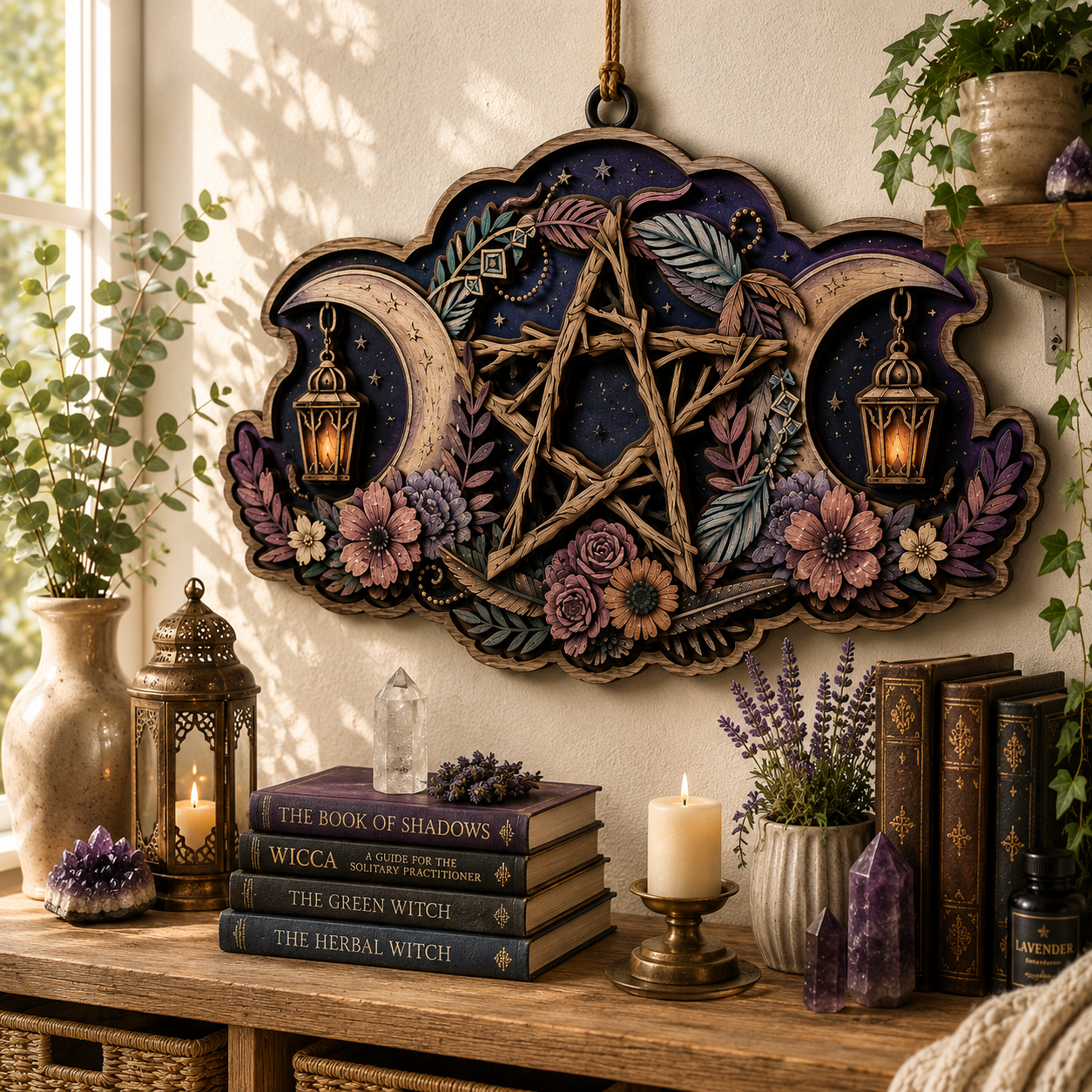 Rustic Pentacle Moon Layered Wooden Sign Witchcraft Pagan Wall Decor Wiccan Altar Gothic Home Gift