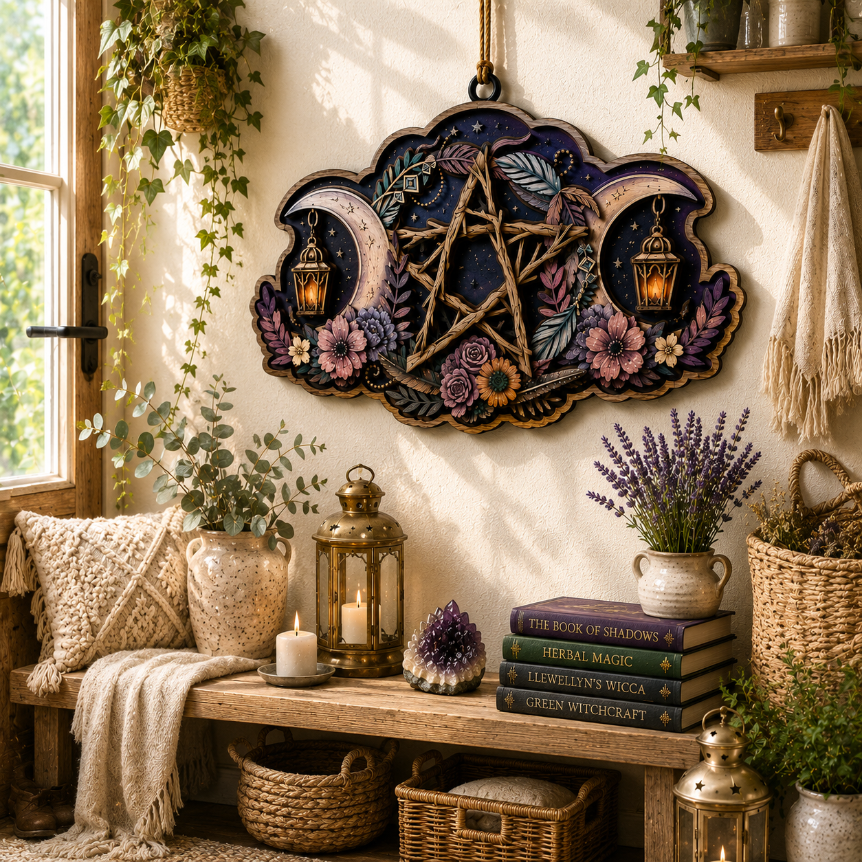 Rustic Pentacle Moon Layered Wooden Sign Witchcraft Pagan Wall Decor Wiccan Altar Gothic Home Gift