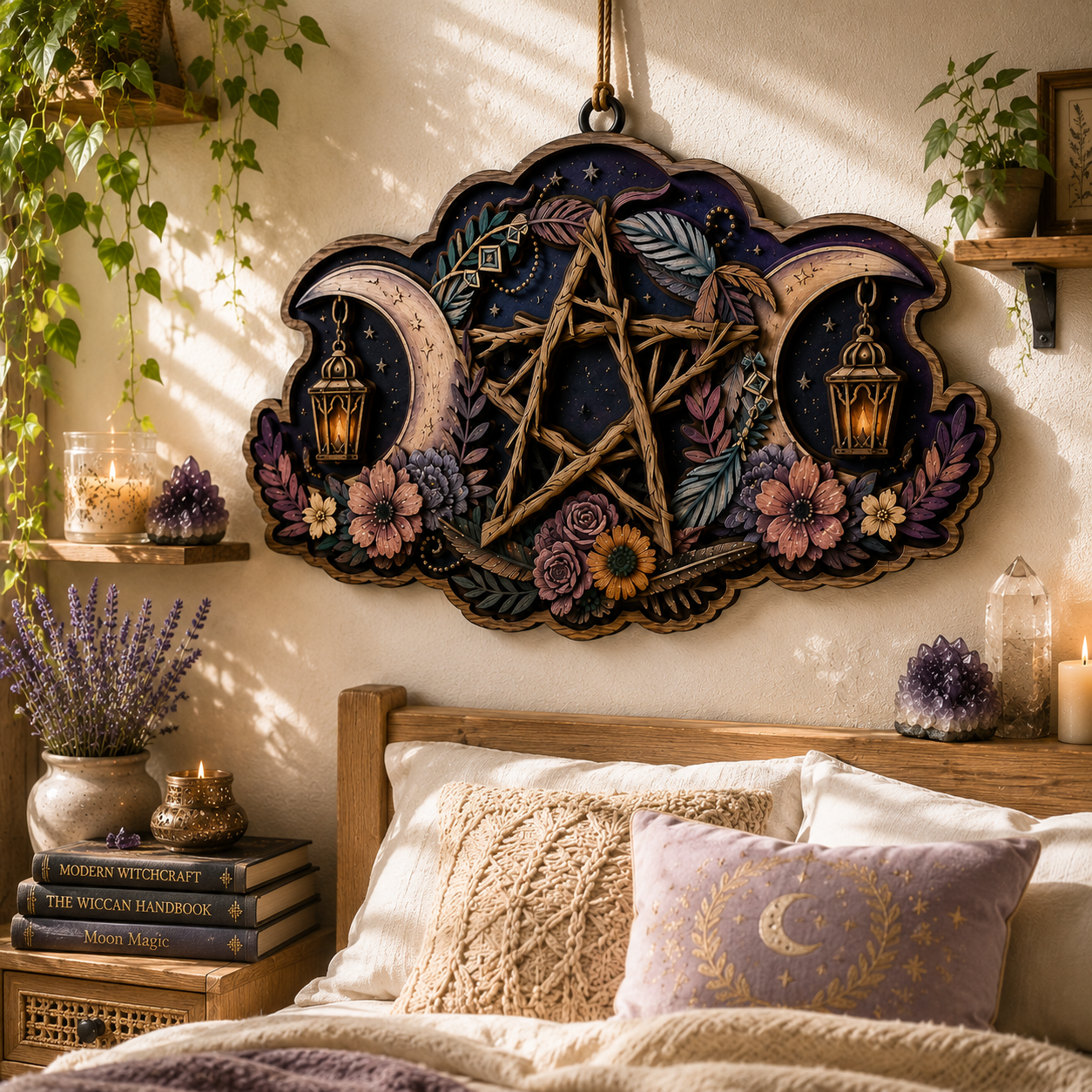 Rustic Pentacle Moon Layered Wooden Sign Witchcraft Pagan Wall Decor Wiccan Altar Gothic Home Gift