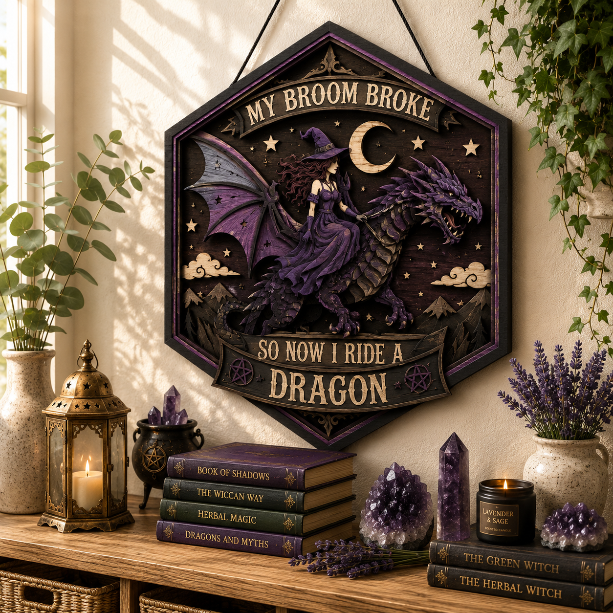 My Broom Broke So Now I Ride A Dragon Layered Wooden Sign Funny Witch Halloween Wall Decor Gothic Home Gift