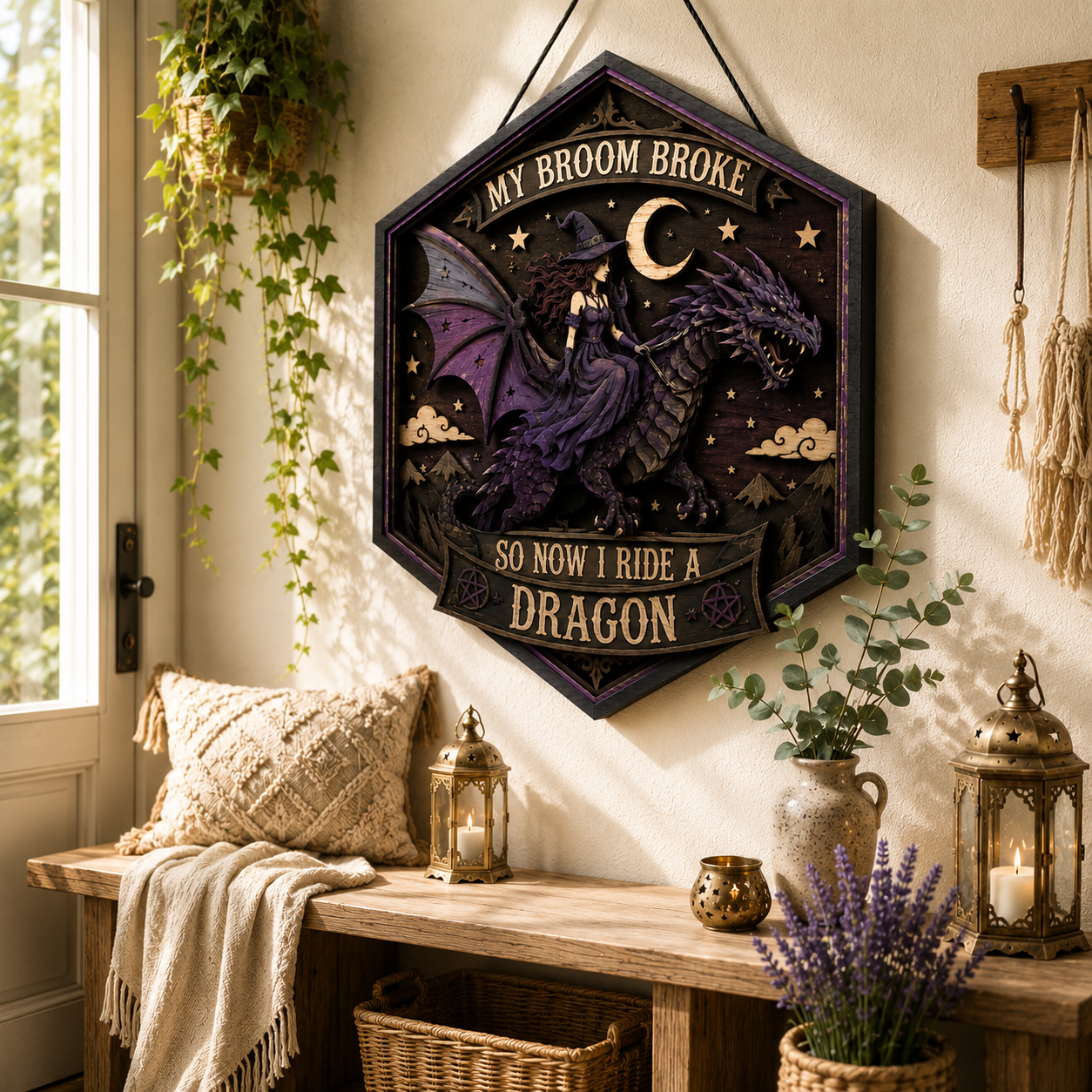 My Broom Broke So Now I Ride A Dragon Layered Wooden Sign Funny Witch Halloween Wall Decor Gothic Home Gift