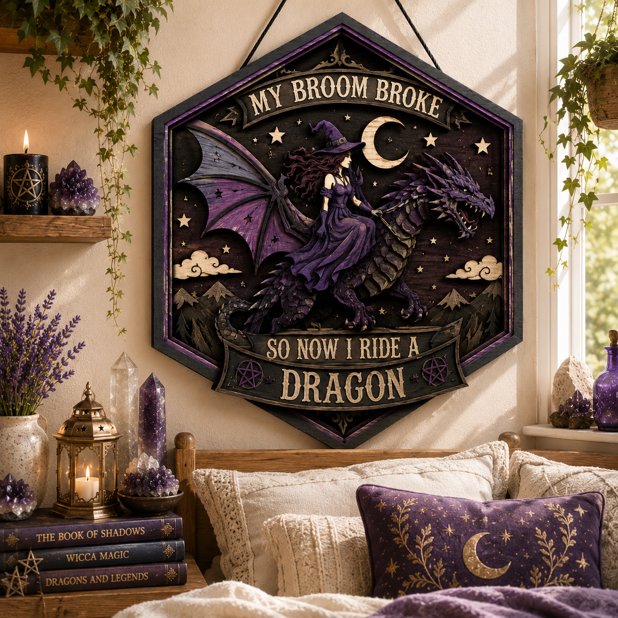 My Broom Broke So Now I Ride A Dragon Layered Wooden Sign Funny Witch Halloween Wall Decor Gothic Home Gift