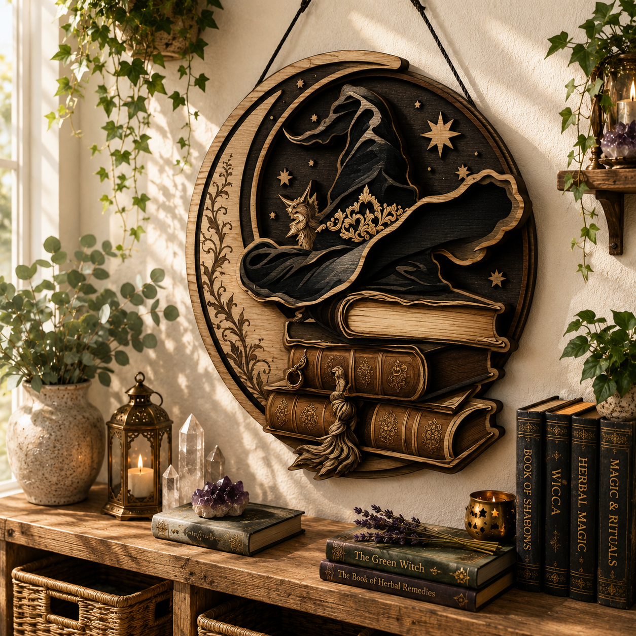 Mystical Witch Hat Layered Wooden Sign Witchcraft Book Lover Wall Decor Pagan Gothic Reading Nook Home Gift