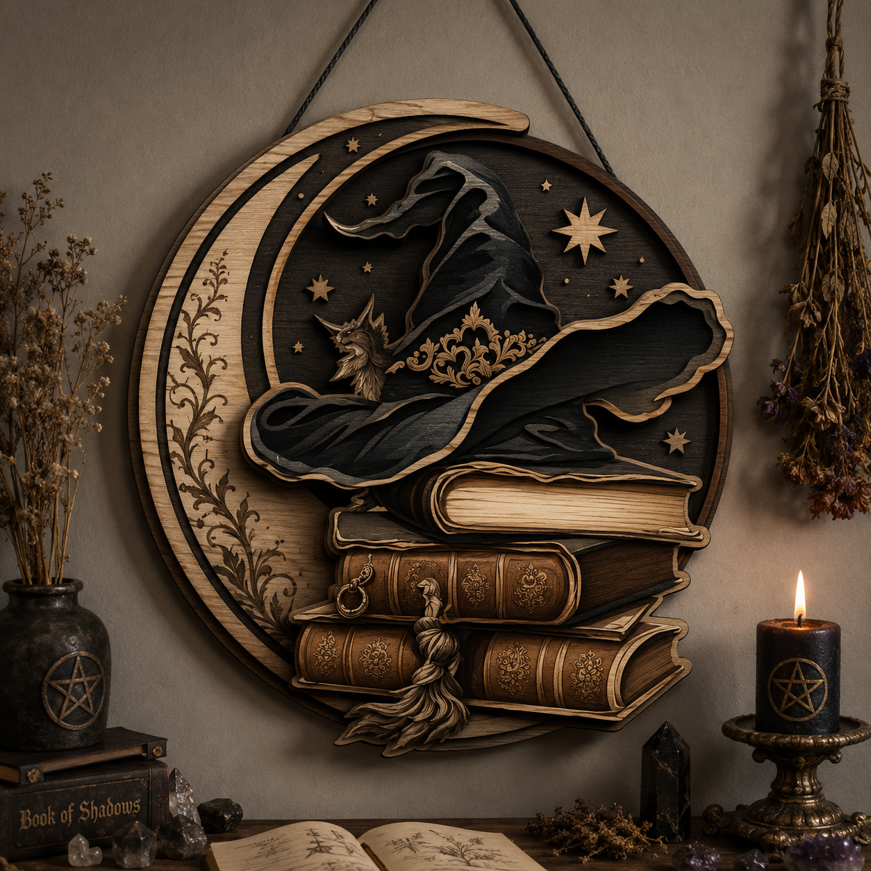 Mystical Witch Hat Layered Wooden Sign Witchcraft Book Lover Wall Decor Pagan Gothic Reading Nook Home Gift