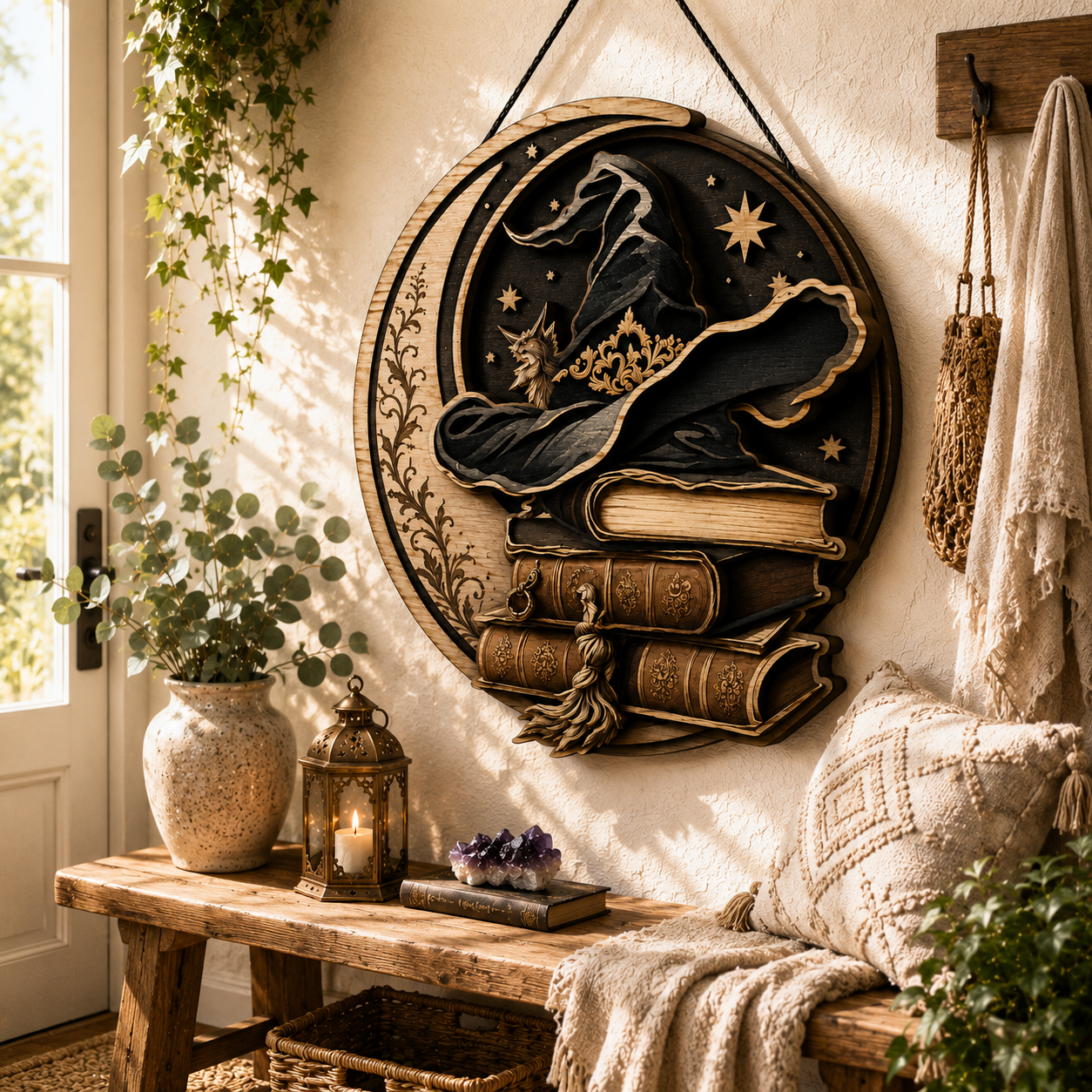 Mystical Witch Hat Layered Wooden Sign Witchcraft Book Lover Wall Decor Pagan Gothic Reading Nook Home Gift