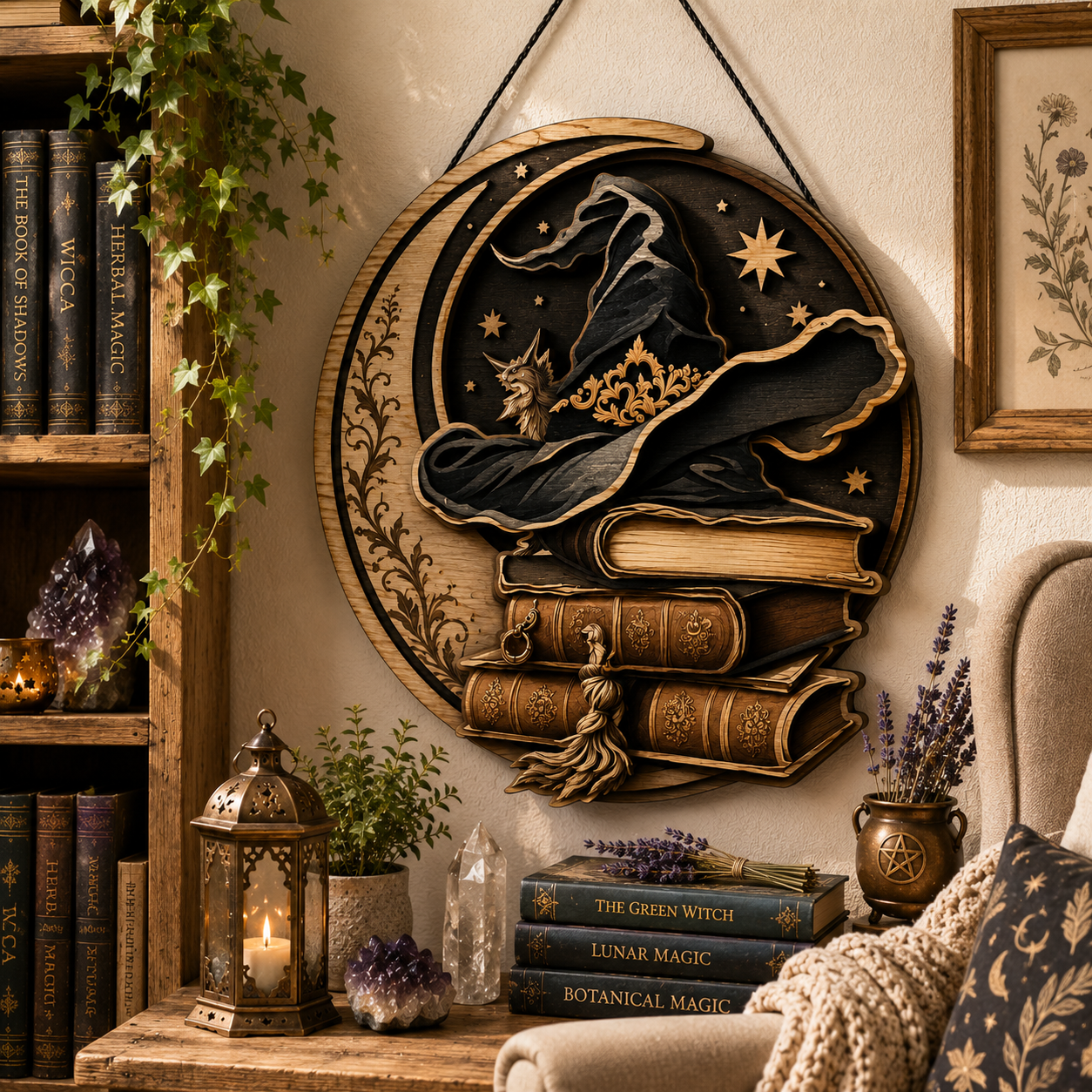 Mystical Witch Hat Layered Wooden Sign Witchcraft Book Lover Wall Decor Pagan Gothic Reading Nook Home Gift