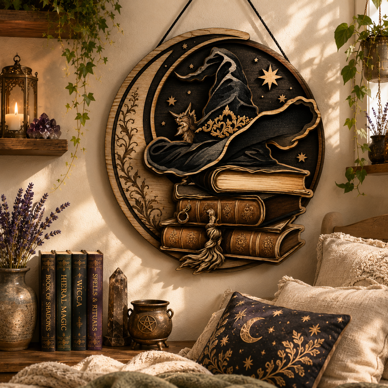 Mystical Witch Hat Layered Wooden Sign Witchcraft Book Lover Wall Decor Pagan Gothic Reading Nook Home Gift