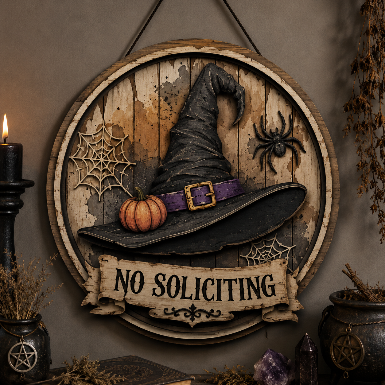 No Soliciting Witch Hat Layered Wooden Sign Halloween Front Door Decor Funny Witch Welcome Sign Gothic Home Gift