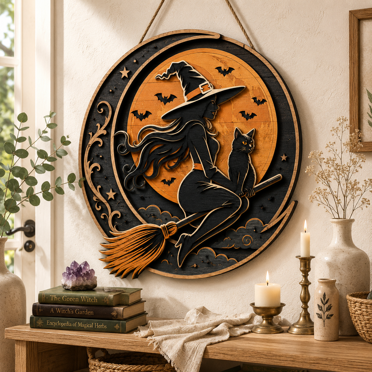 Mystical Witch Cat Moon Layered Wooden Wall Decor