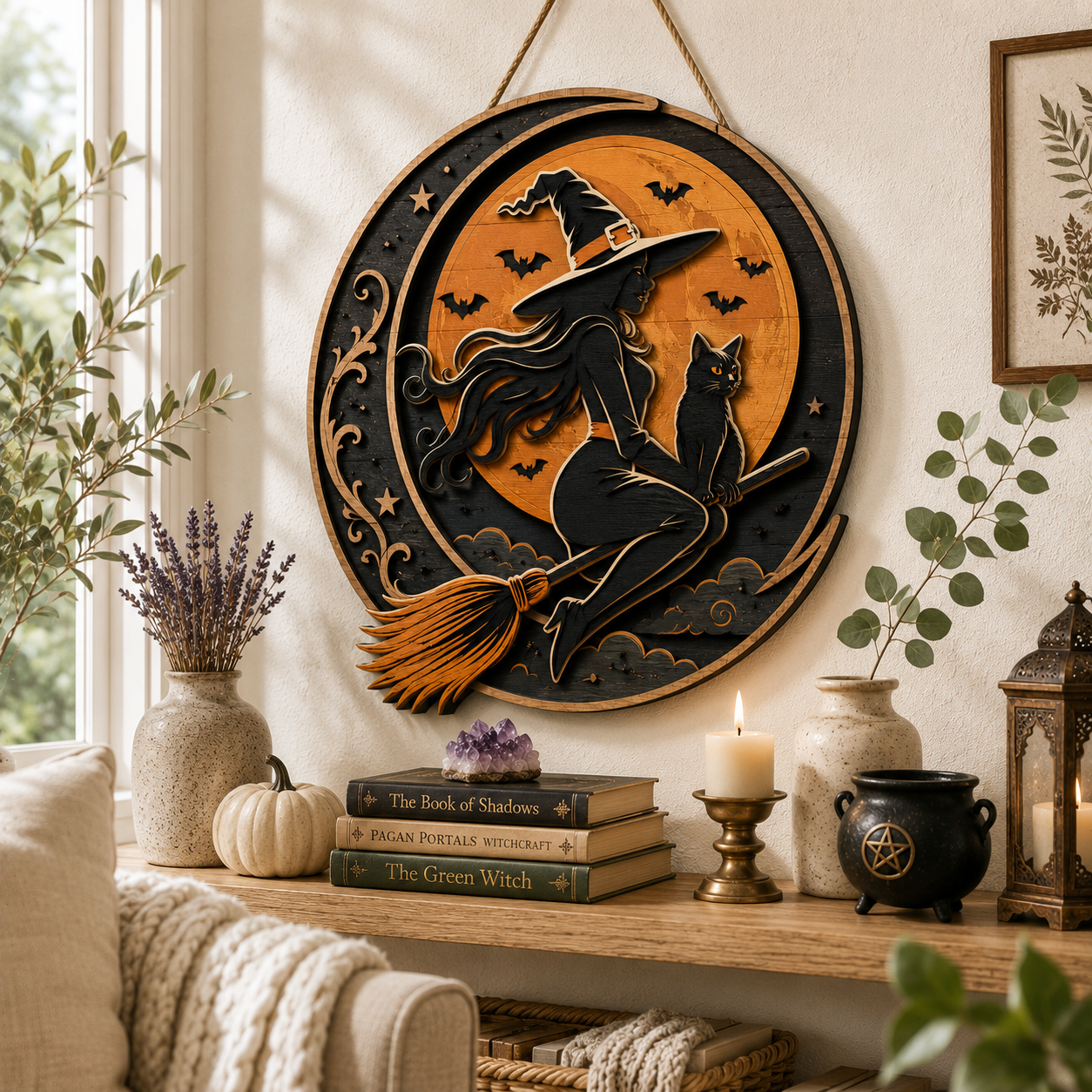 Mystical Witch Cat Moon Layered Wooden Wall Decor
