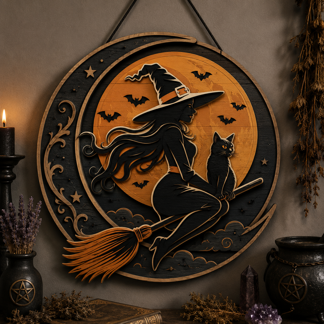 Mystical Witch Cat Moon Layered Wooden Wall Decor