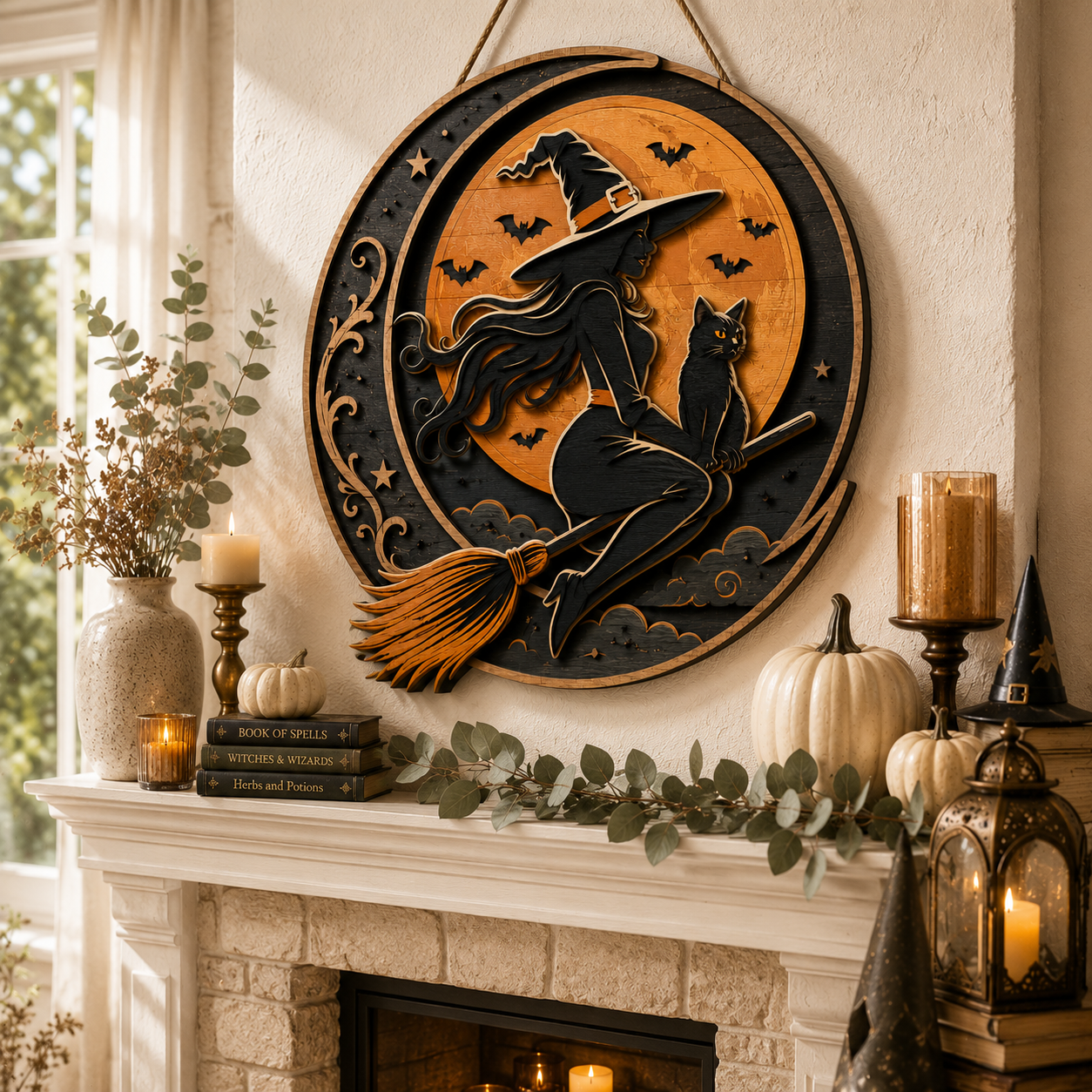 Mystical Witch Cat Moon Layered Wooden Wall Decor