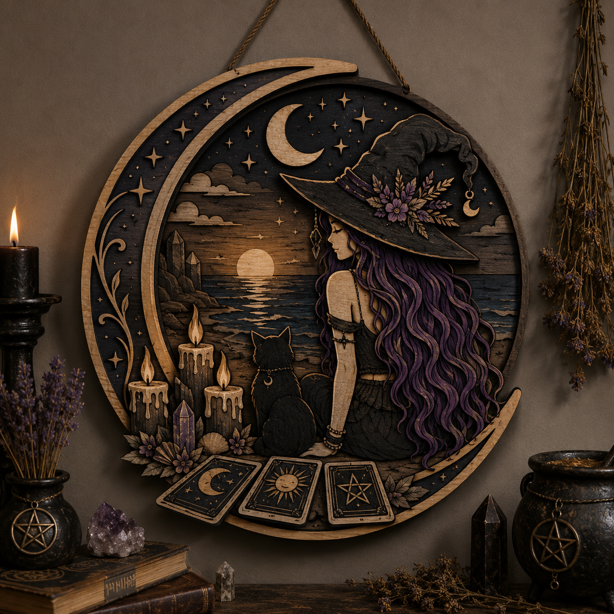 Moonlit Witch And Black Cat Layered Wooden Wall Art
