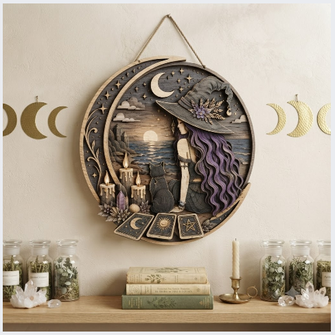 Moonlit Witch And Black Cat Layered Wooden Wall Art