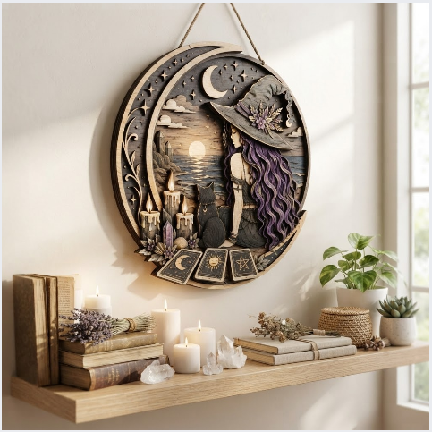 Moonlit Witch And Black Cat Layered Wooden Wall Art