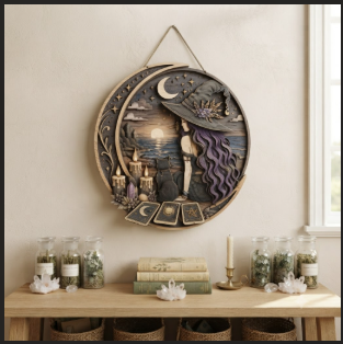 Moonlit Witch And Black Cat Layered Wooden Wall Art