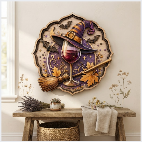 Moonlit Witch Wine Glass Layered Wooden Wall Art For Witchcore Home Decor