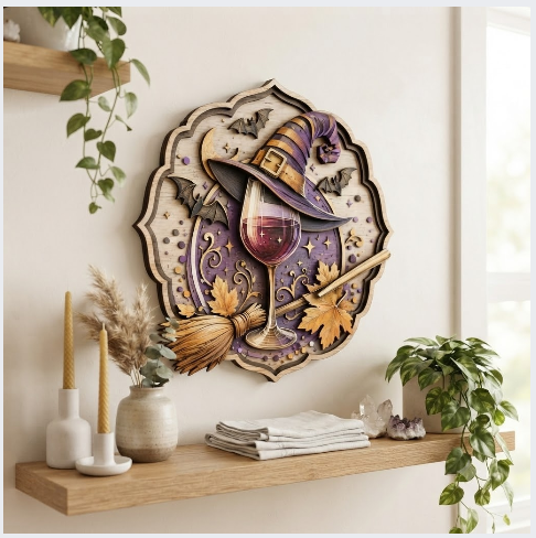 Moonlit Witch Wine Glass Layered Wooden Wall Art For Witchcore Home Decor