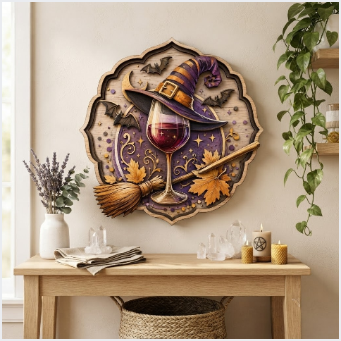 Moonlit Witch Wine Glass Layered Wooden Wall Art For Witchcore Home Decor
