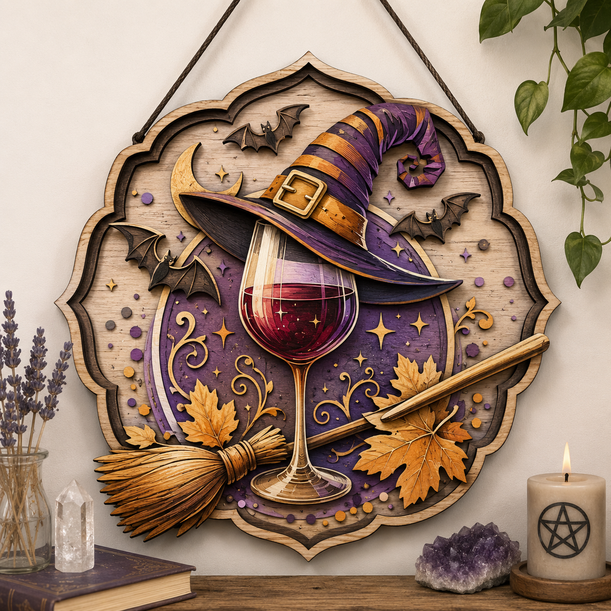Moonlit Witch Wine Glass Layered Wooden Wall Art For Witchcore Home Decor