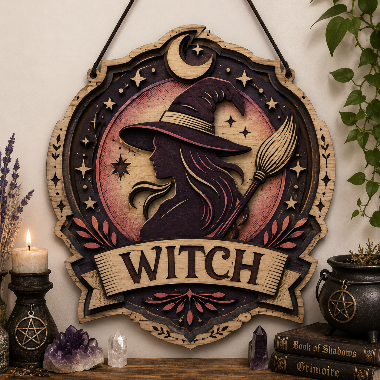 Mystical Witch Silhouette Layered Wooden Wall Art For Gothic Witchcore Decor