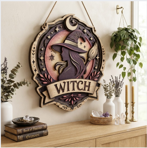 Mystical Witch Silhouette Layered Wooden Wall Art For Gothic Witchcore Decor