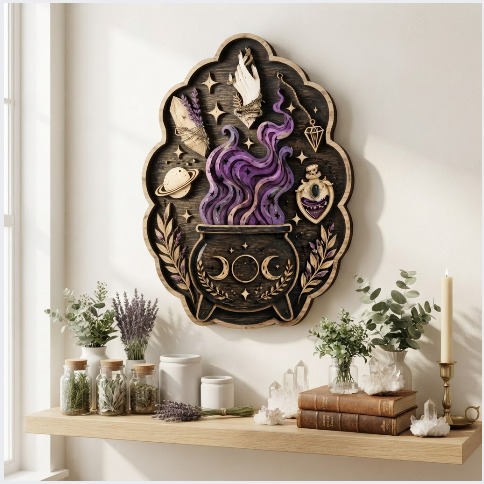 Mystical Witch Cauldron Layered Wooden Wall Art For Witchcore Pagan Home Decor