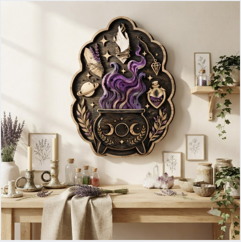 Mystical Witch Cauldron Layered Wooden Wall Art For Witchcore Pagan Home Decor