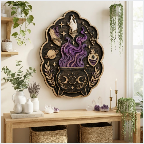 Mystical Witch Cauldron Layered Wooden Wall Art For Witchcore Pagan Home Decor