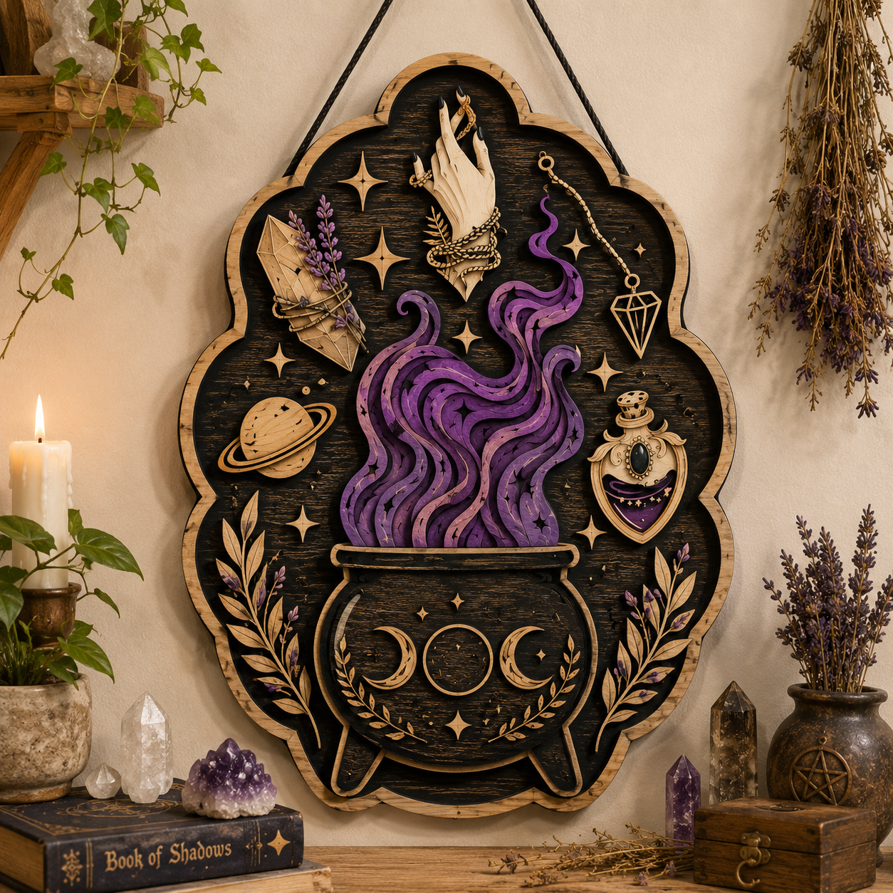 Mystical Witch Cauldron Layered Wooden Wall Art For Witchcore Pagan Home Decor