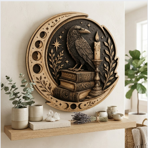 Mystical Raven Moon Phase Layered Wooden Wall Art For Witchcore Gothic Home Decor