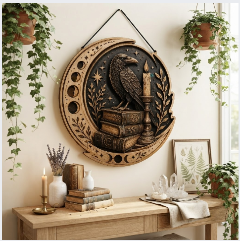 Mystical Raven Moon Phase Layered Wooden Wall Art For Witchcore Gothic Home Decor
