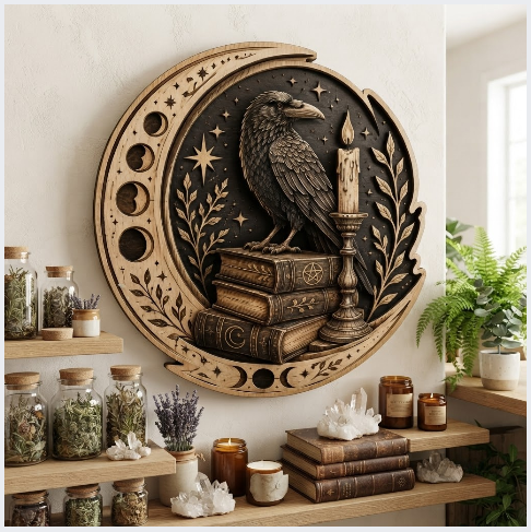 Mystical Raven Moon Phase Layered Wooden Wall Art For Witchcore Gothic Home Decor