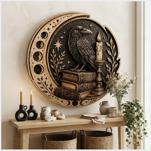 Mystical Raven Moon Phase Layered Wooden Wall Art For Witchcore Gothic Home Decor