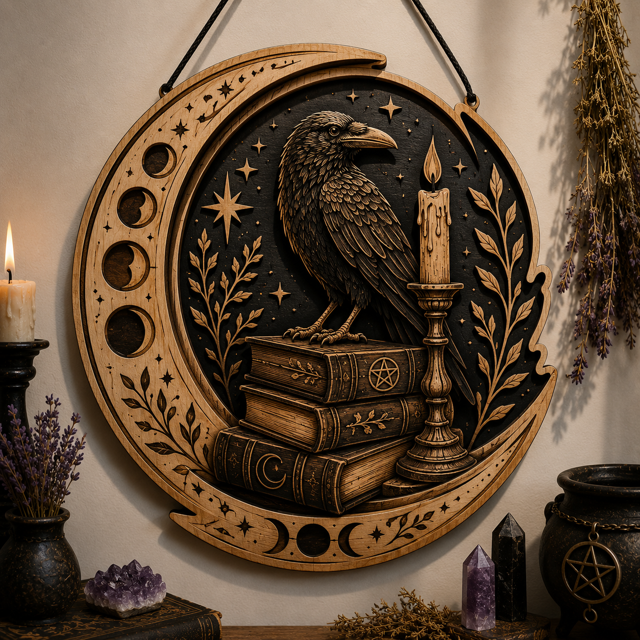 Mystical Raven Moon Phase Layered Wooden Wall Art For Witchcore Gothic Home Decor