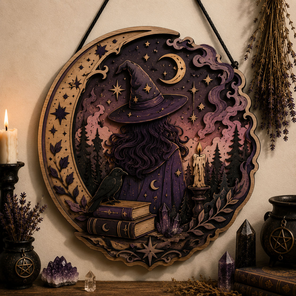 Moonlit Witch Forest Layered Wooden Wall Art For Witchcore Gothic Home Decor