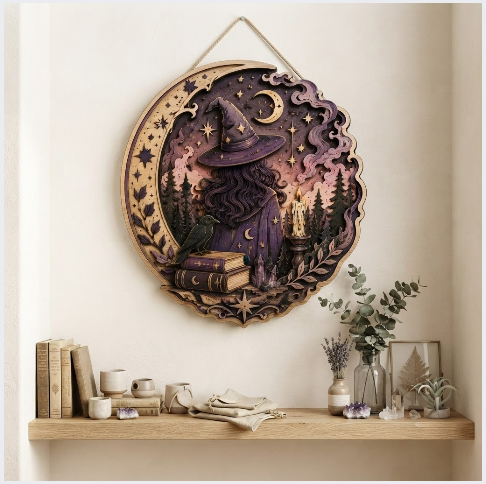 Moonlit Witch Forest Layered Wooden Wall Art For Witchcore Gothic Home Decor