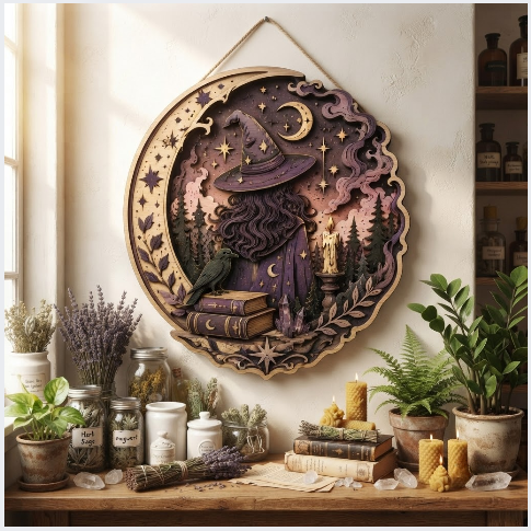 Moonlit Witch Forest Layered Wooden Wall Art For Witchcore Gothic Home Decor