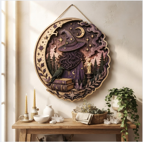 Moonlit Witch Forest Layered Wooden Wall Art For Witchcore Gothic Home Decor