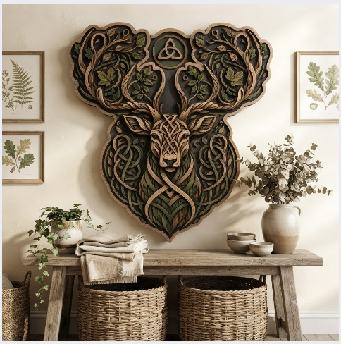 Celtic Stag Layered Wooden Wall Art For Norse Pagan Woodland Home Decor