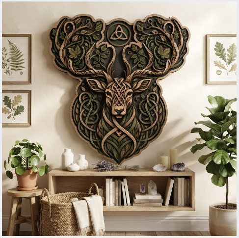 Celtic Stag Layered Wooden Wall Art For Norse Pagan Woodland Home Decor