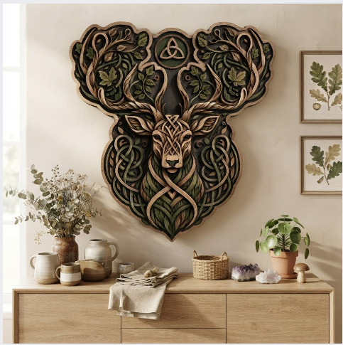 Celtic Stag Layered Wooden Wall Art For Norse Pagan Woodland Home Decor
