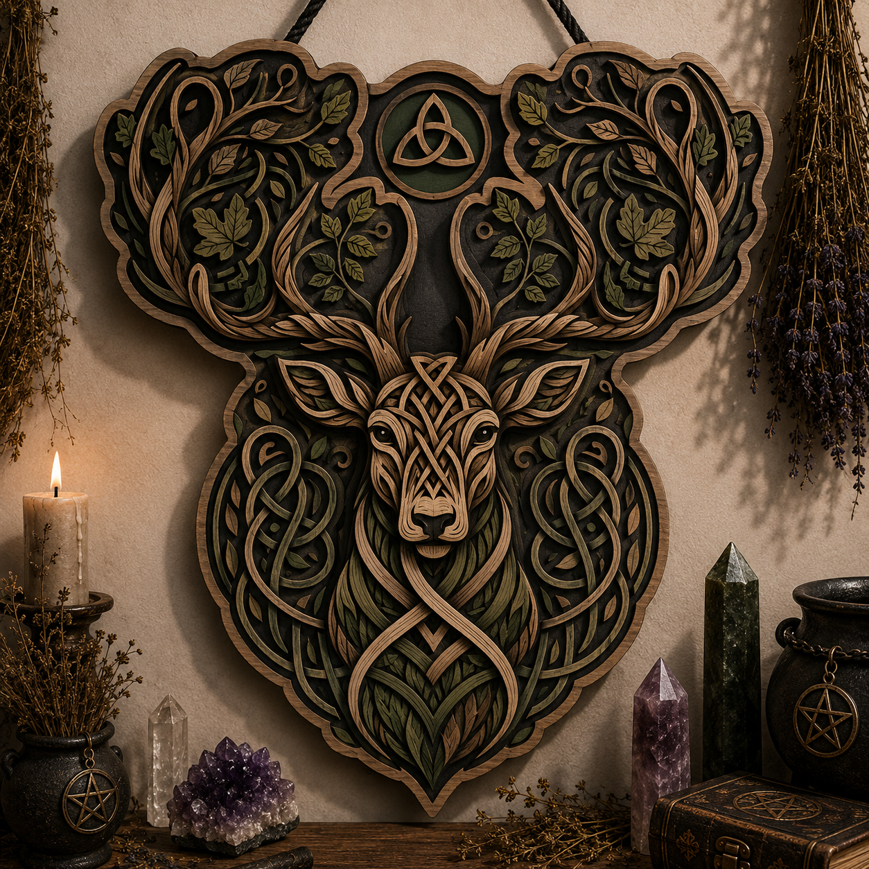 Celtic Stag Layered Wooden Wall Art For Norse Pagan Woodland Home Decor
