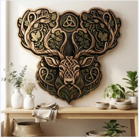 Celtic Stag Layered Wooden Wall Art For Norse Pagan Woodland Home Decor