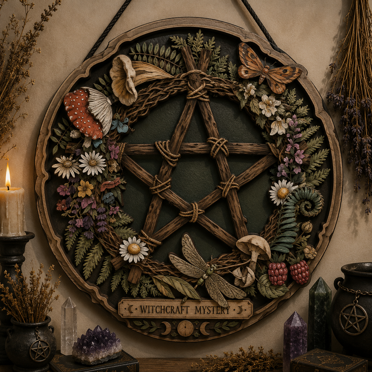 Woodland Witchcraft Mystery Pentagram Layered Wooden Wall Art For Pagan Cottagecore Decor